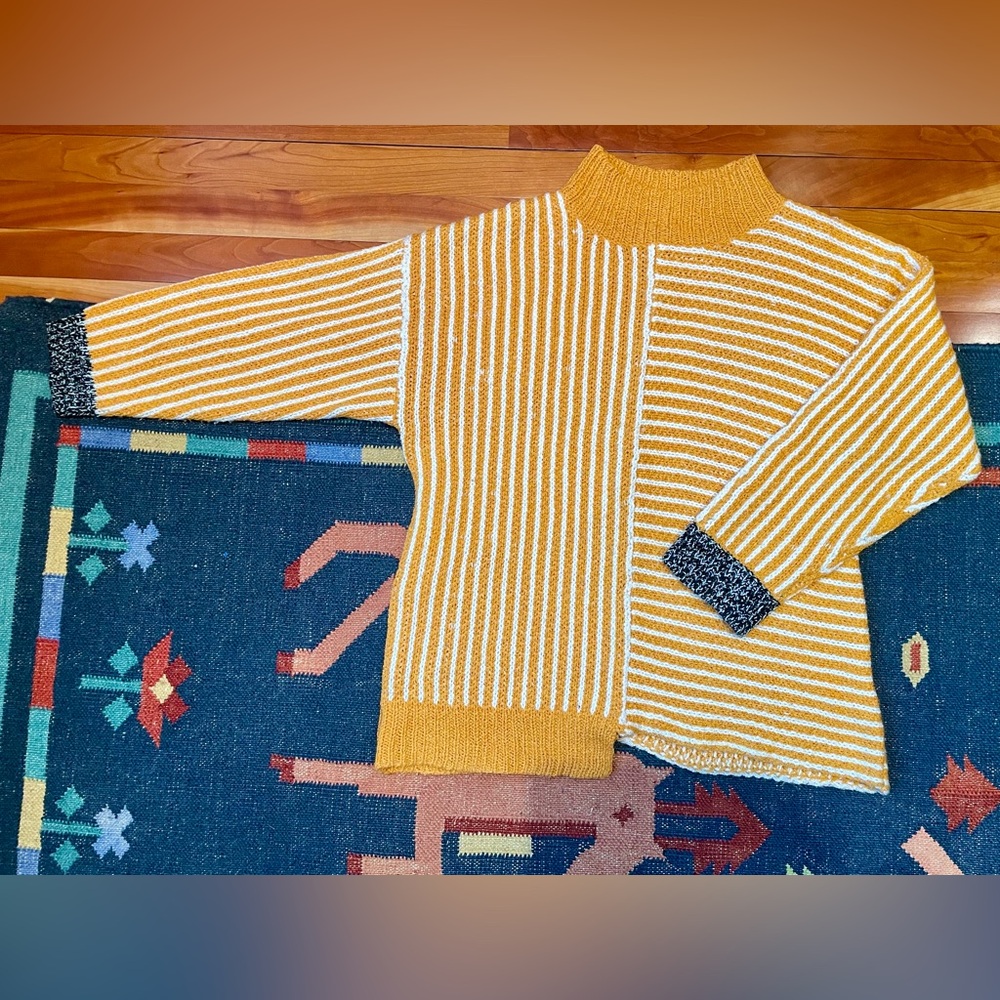 AvantLook Asymmetrical Striped Mustard and White Sweater